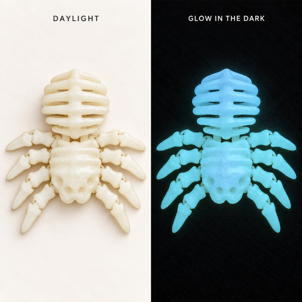 A split comparison of a spider-shaped object under normal light and glow-in-the-dark conditions. The left side labeled 'DAYLIGHT' shows the item in off-white/cream under normal lighting, and the right side labeled 'GLOW IN THE DARK' shows it glowing bright cyan-blue against a black background.