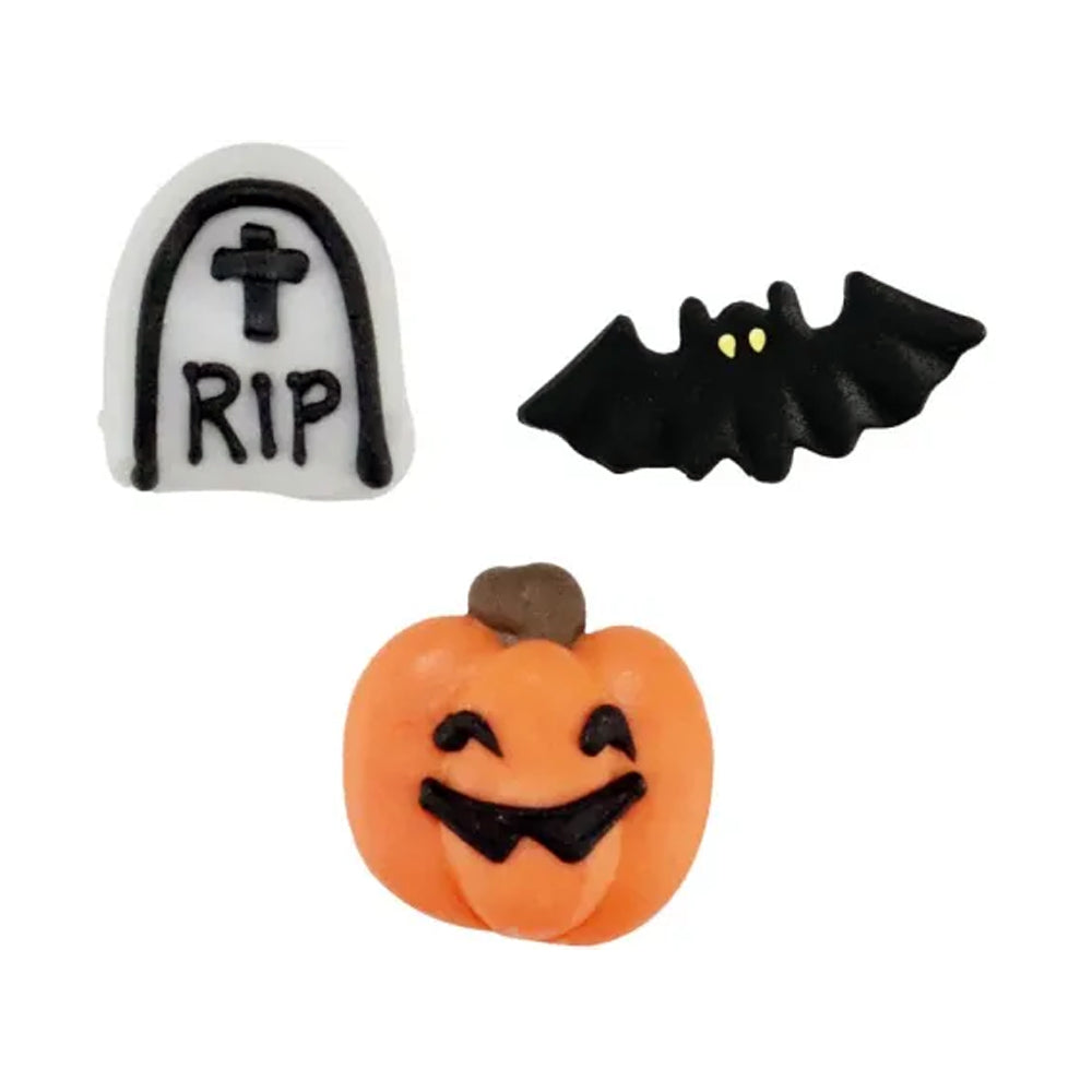 Halloween-themed items including a tombstone with 'RIP', a bat, and a jack-o'-lantern on a white background.