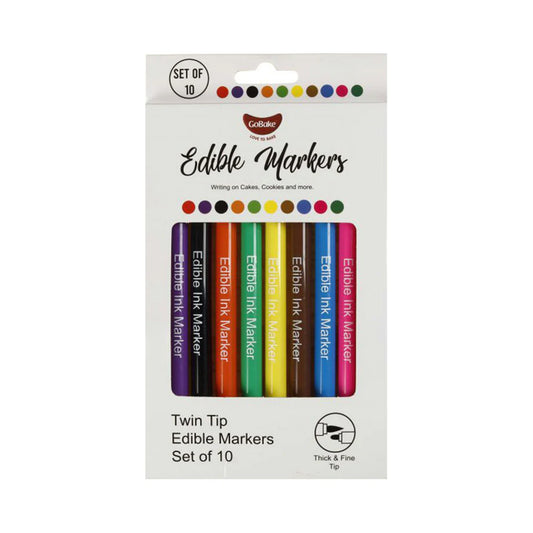 Pack of edible markers with colorful caps on a white background