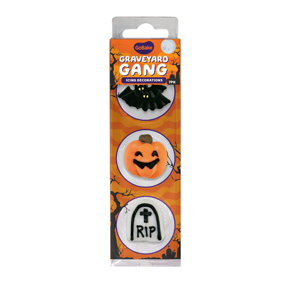 Halloween-themed icing decorations packaging with pumpkin, bat, and 'RIP' design on an orange background.