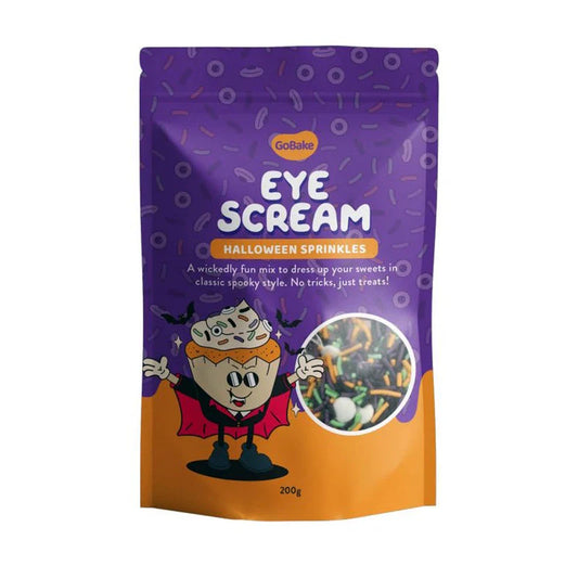 Purple and orange package of 'Eye Scream' Halloween sprinkles with cartoon character on a white background