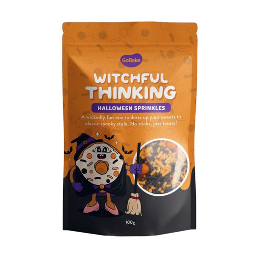 Halloween-themed sprinkles packaging with cartoon character and text on an orange background