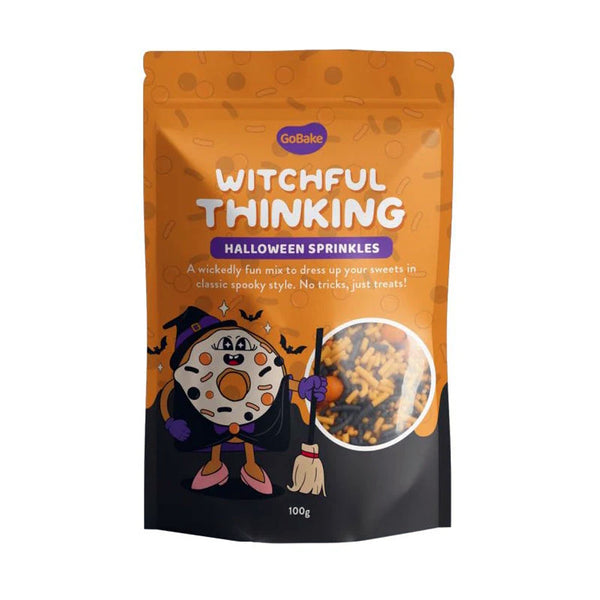 Halloween-themed sprinkles packaging with cartoon character and text on an orange background