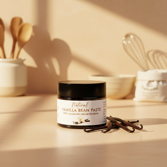 Jar of vanilla bean paste on a kitchen counter with vanilla beans and utensils in the background.