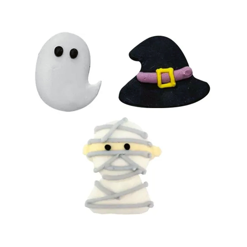 Halloween-themed figurines including a ghost, witch hat, and mummy on a white background