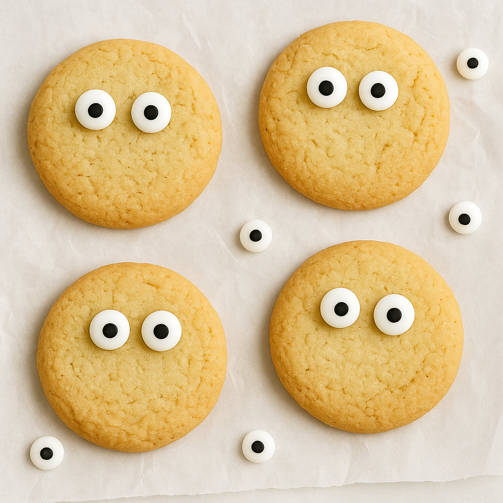 Four cookies with candy eyes on a white surface