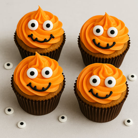 Four Halloween-themed cupcakes with orange frosting and black and white decorations on a light gray background.