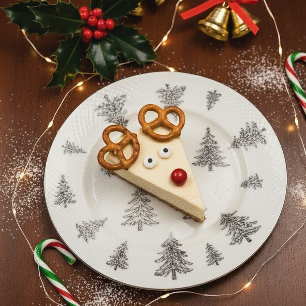Decorative Christmas-themed plate with a slice of cake resembling a reindeer face, surrounded by festive decorations.