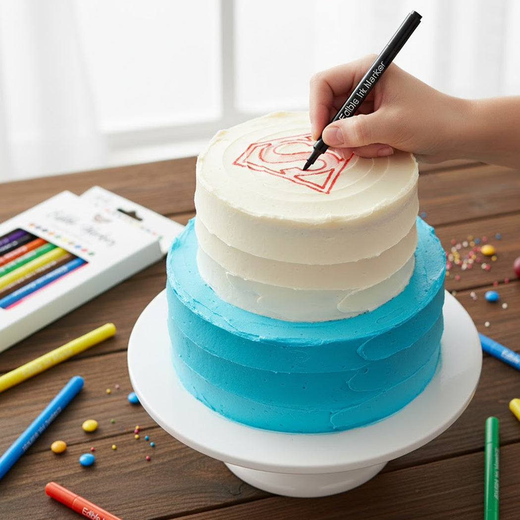 Person decorating a two-tier cake with blue and white frosting using markers on a wooden table.