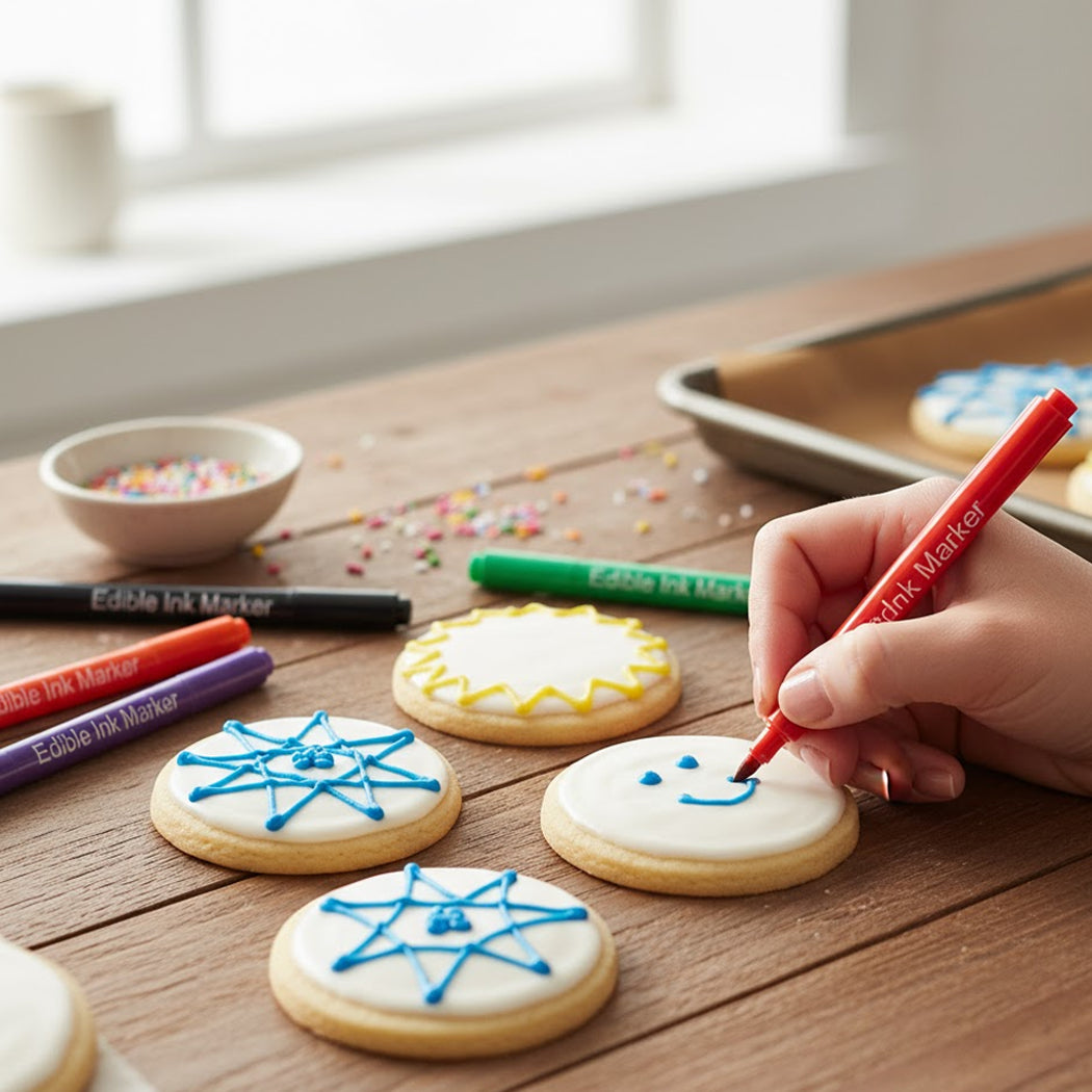 Decorating cookies with colorful markers on a wooden table.