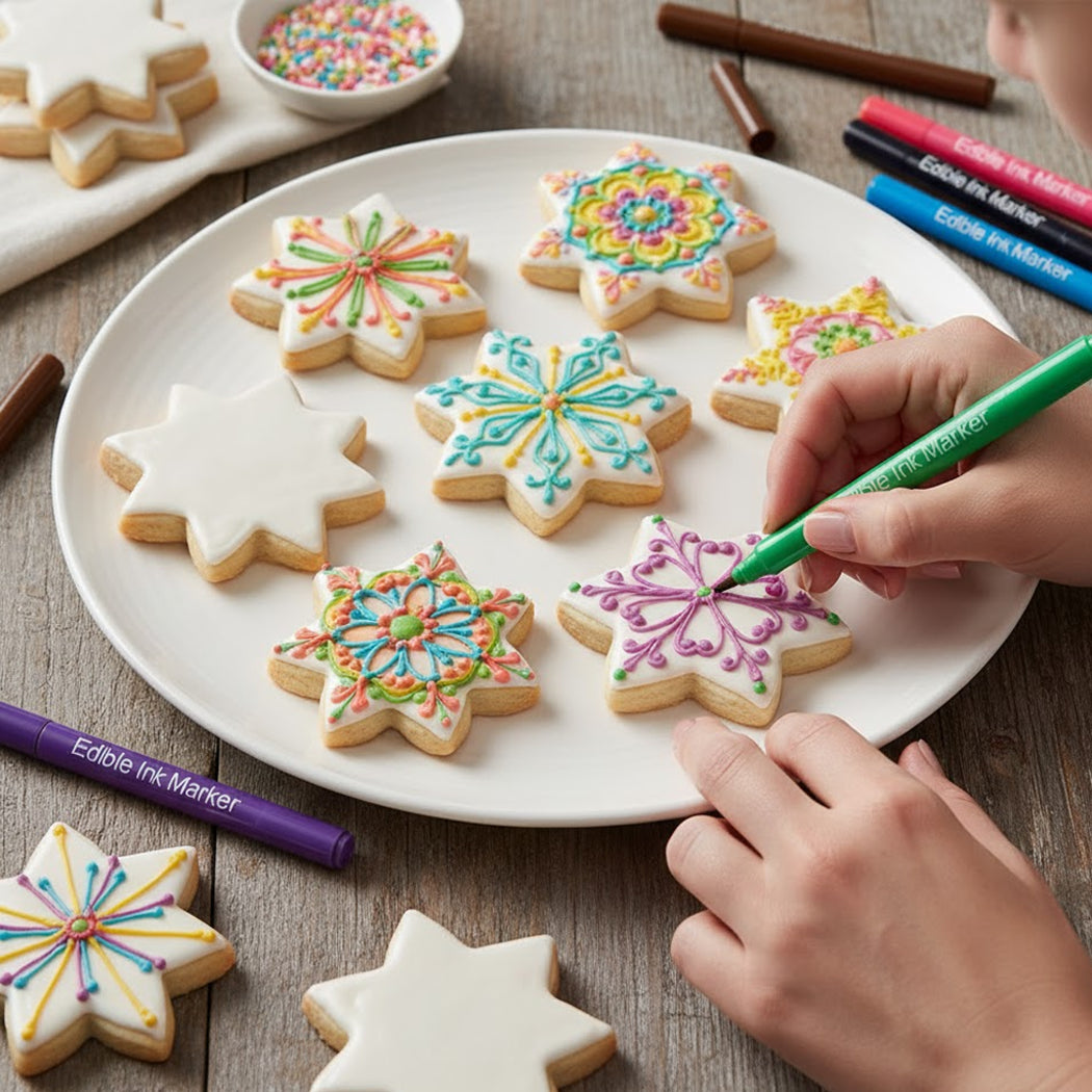 Decorating star-shaped cookies with colorful icing on a white plate, surrounded by cookie cutters and markers.