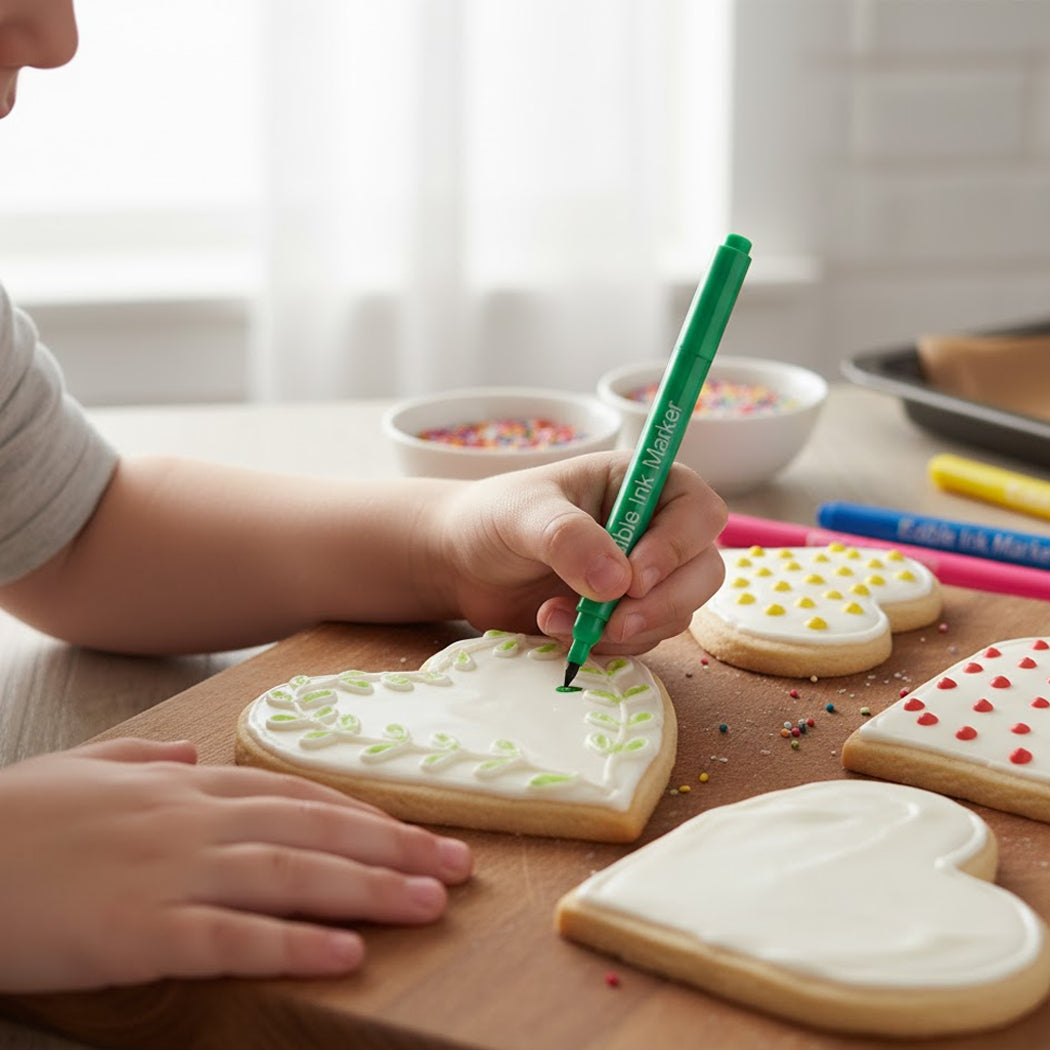 Person decorating heart-shaped cookies with colorful icing on a wooden board.