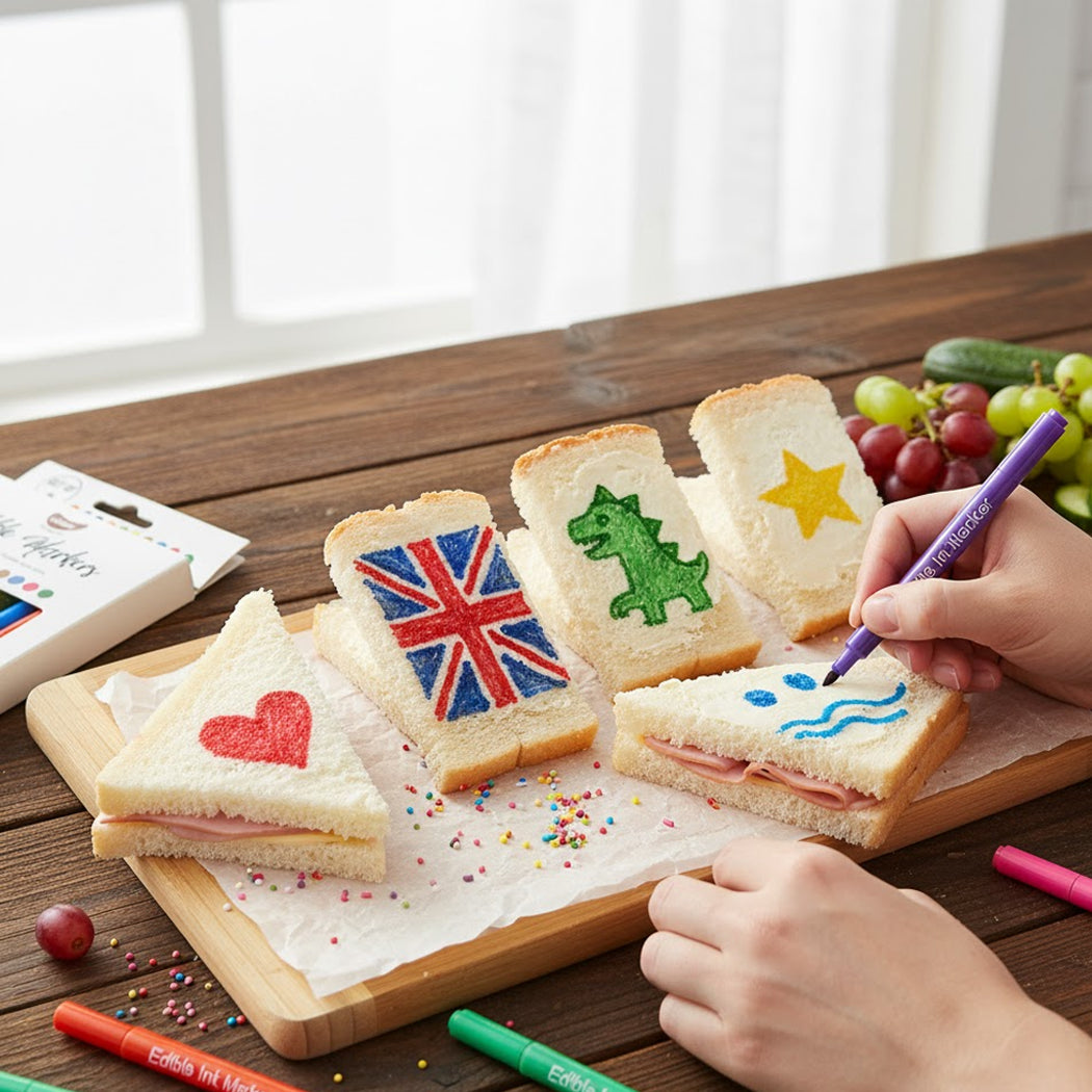 Children drawing on sandwiches with colorful markers on a wooden table.