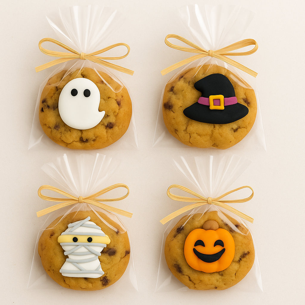 Four Halloween-themed cookies in clear packages with decorative toppers on a white background.