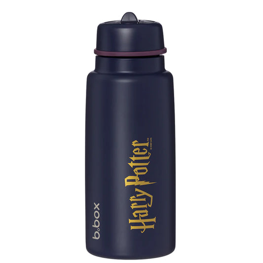 Navy blue water bottle with 'Harry Potter' and 'b.box' branding on a white background
