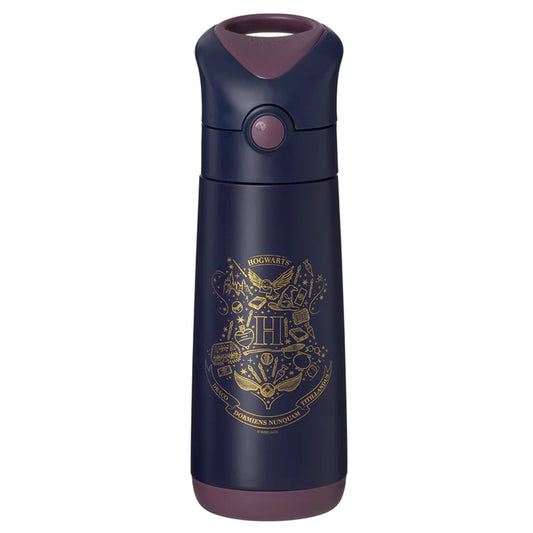 Navy blue thermos with gold Hogwarts crest on a white background
