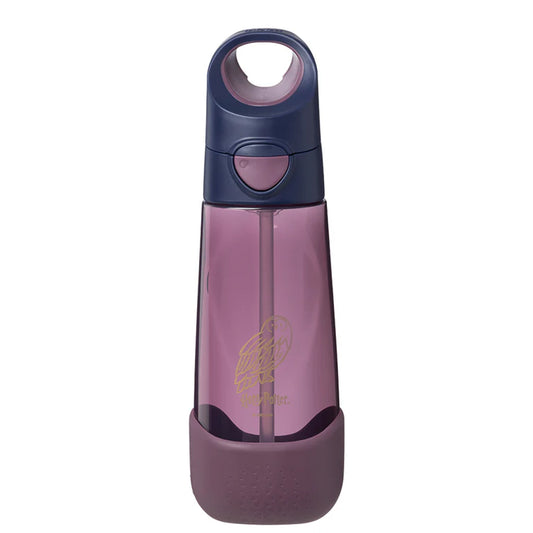 Purple water bottle with navy cap on a white background