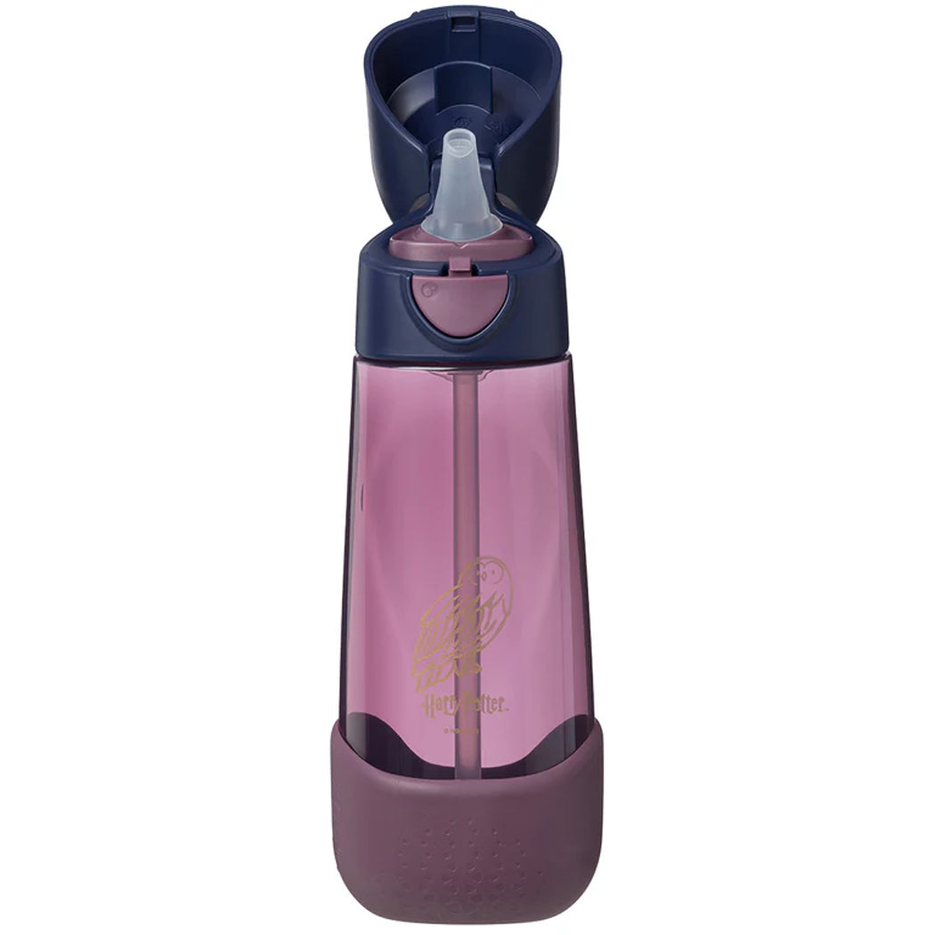 Pink water bottle with navy cap on a white background