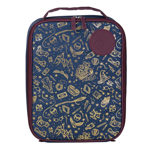  insulated lunch bag with gold pattern on blue background