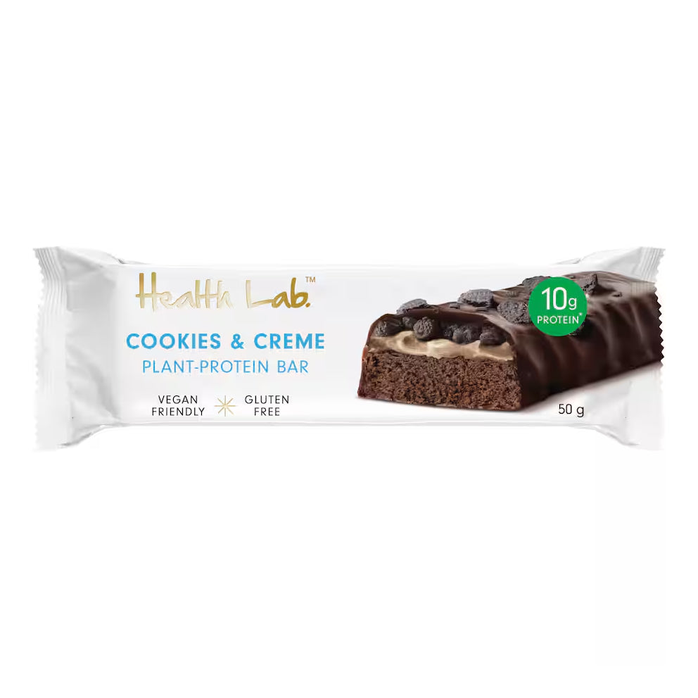 Health Lab Cookies & Creme plant-protein bar packaging on a white background