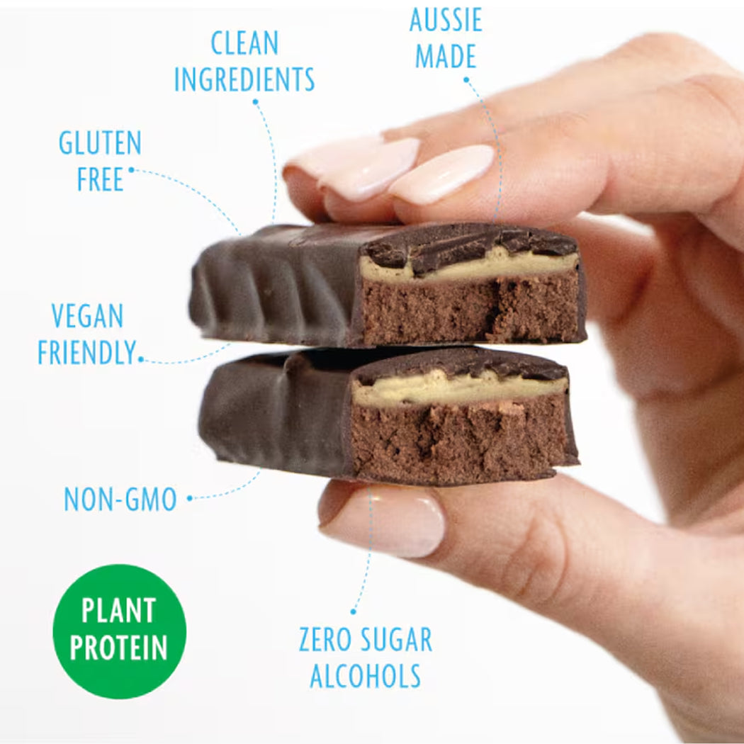 Hand holding a chocolate cookie with health benefits text on a white background