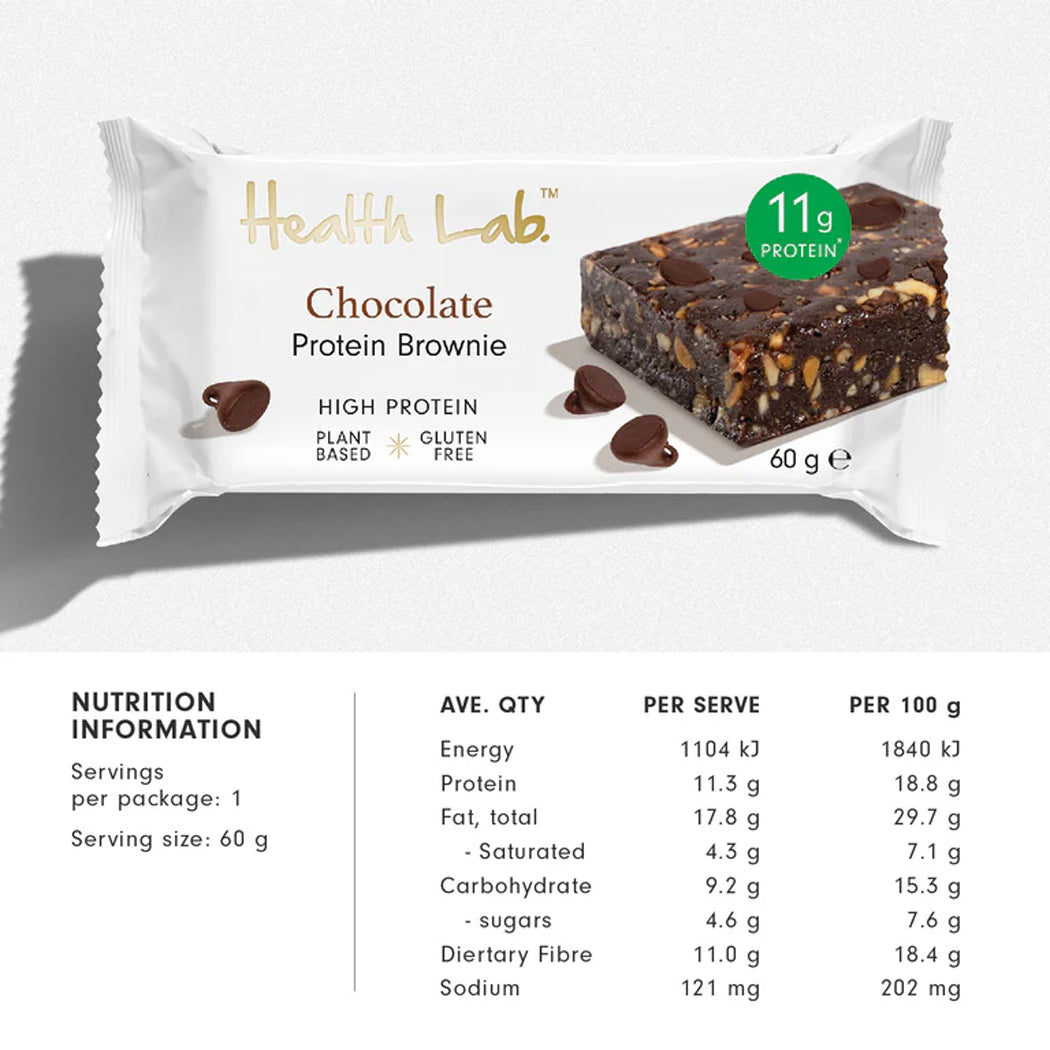 Chocolate Protein Brownie package with nutrition information on a white background