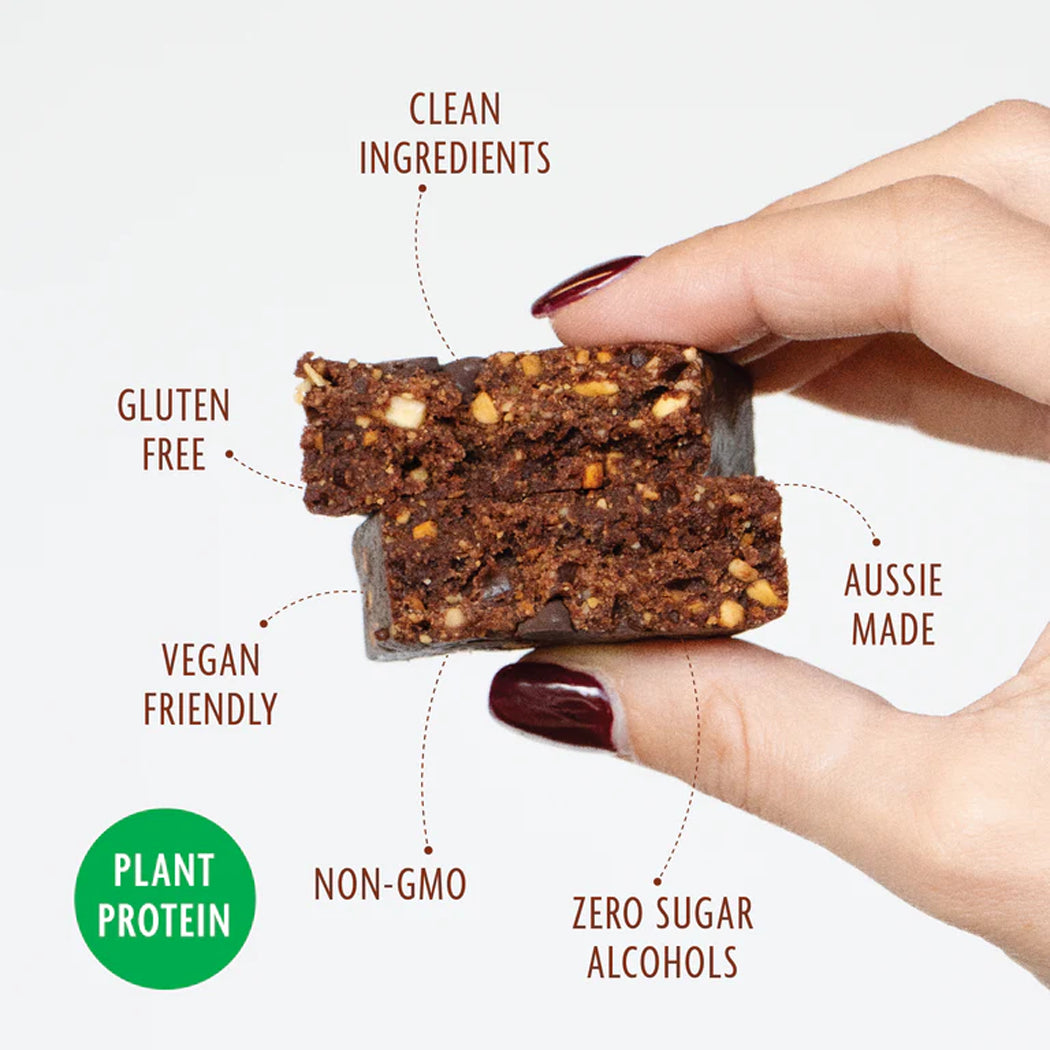 Hand holding a chocolate bar with health benefits text on a white background