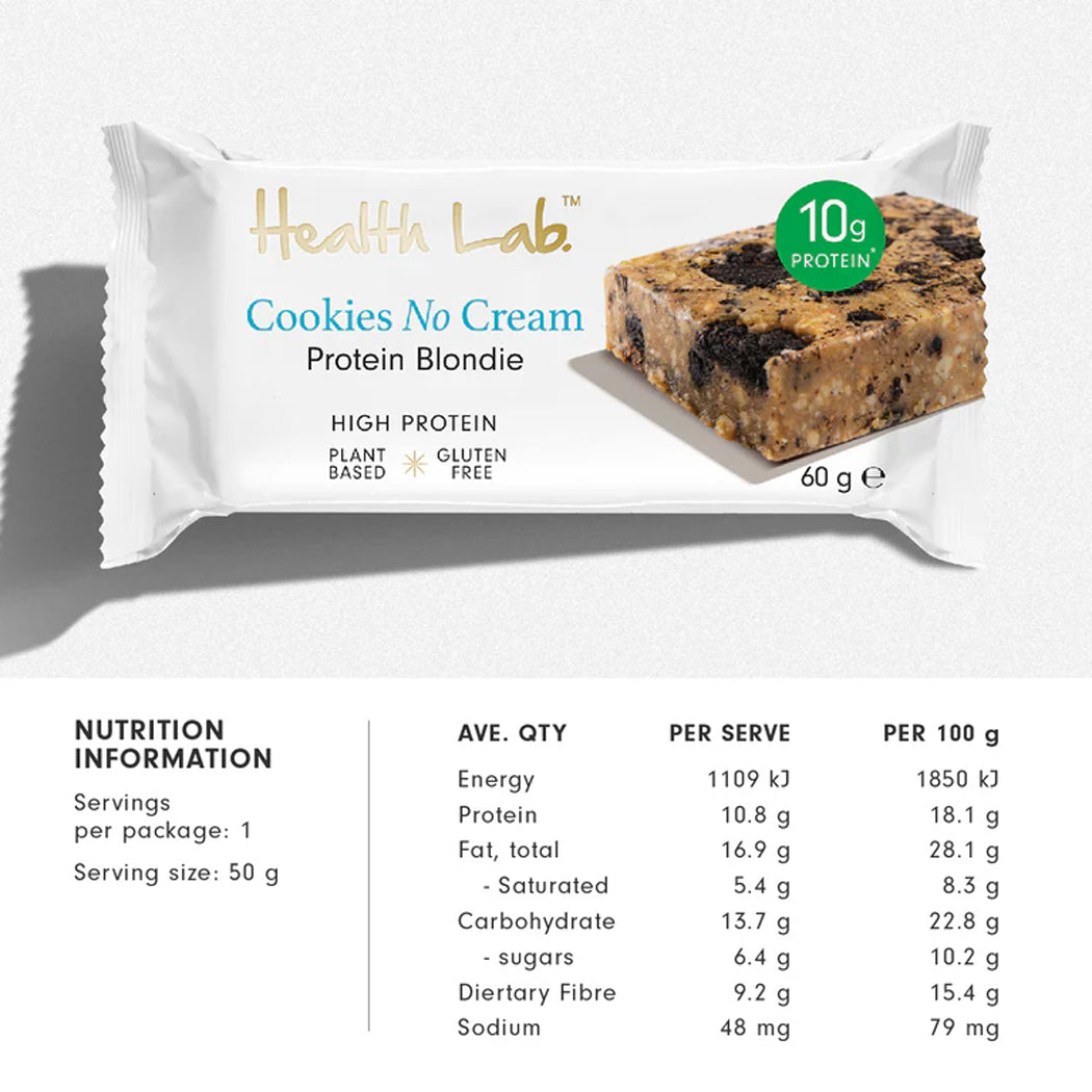 Health Lab cookies no cream protein bar with nutrition information on a white background