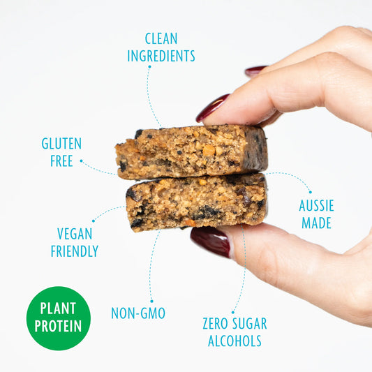 Hand holding two plant protein bars with health benefits text on a white background