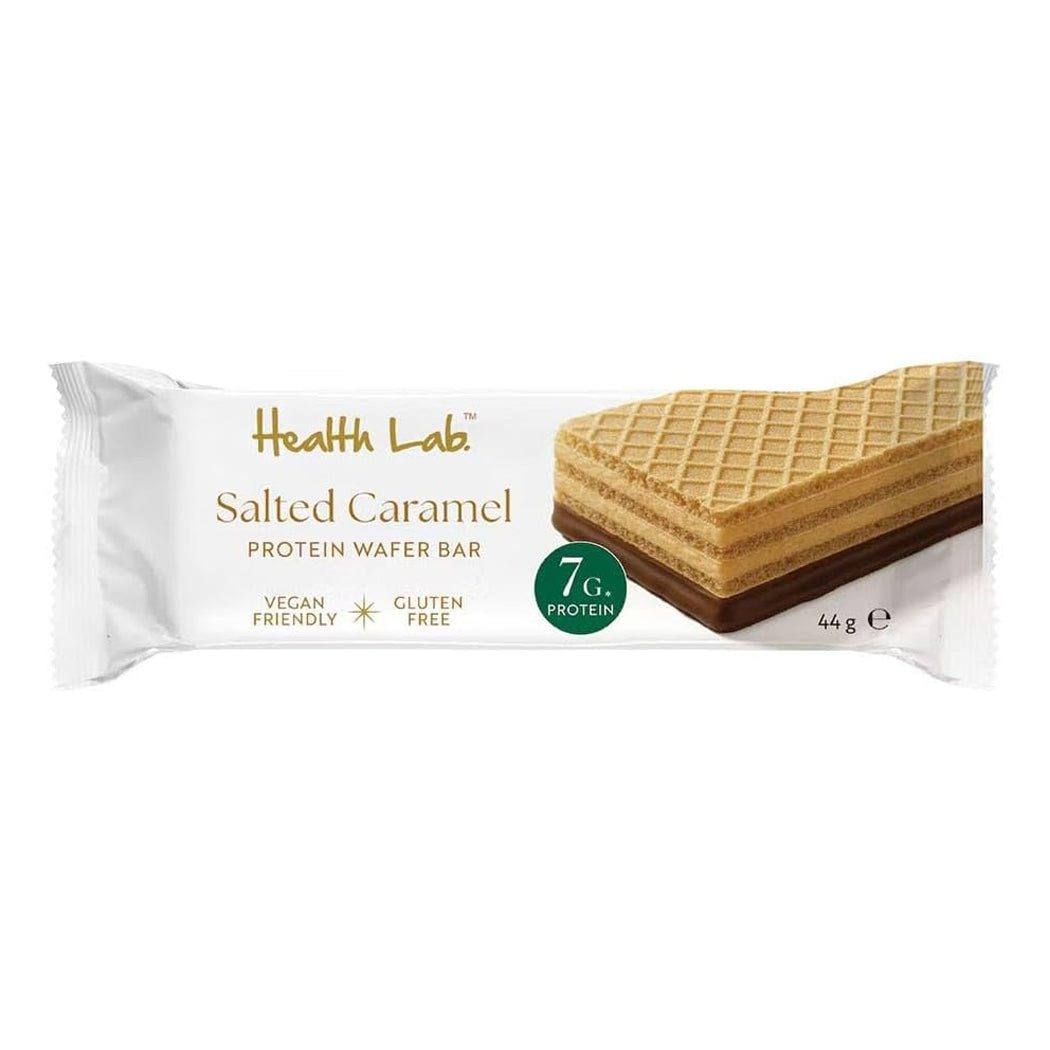 Health Lab salted caramel protein wafer bar packaging on a white background
