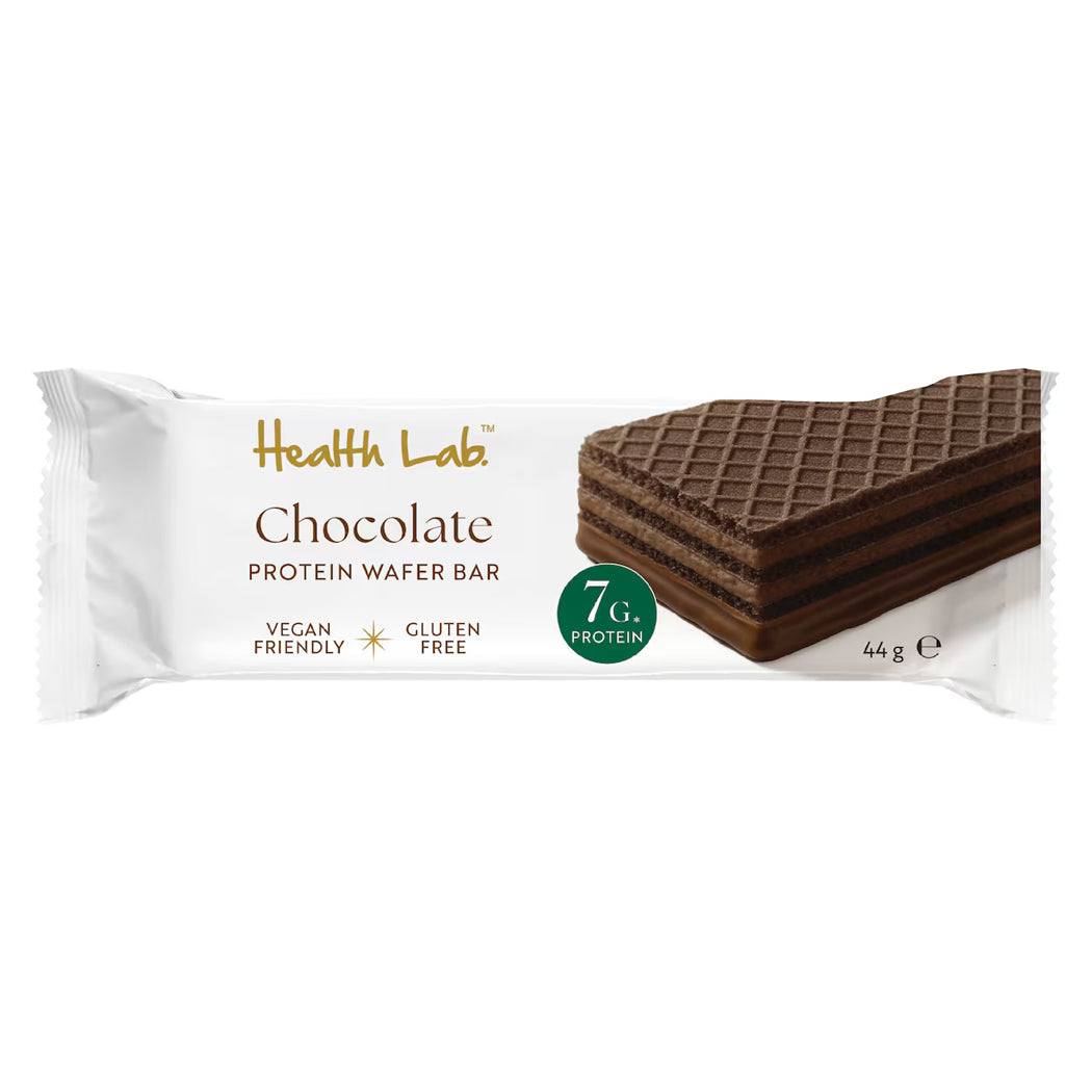 Chocolate protein wafer bar packaging with 'Health Lab' branding on a white background