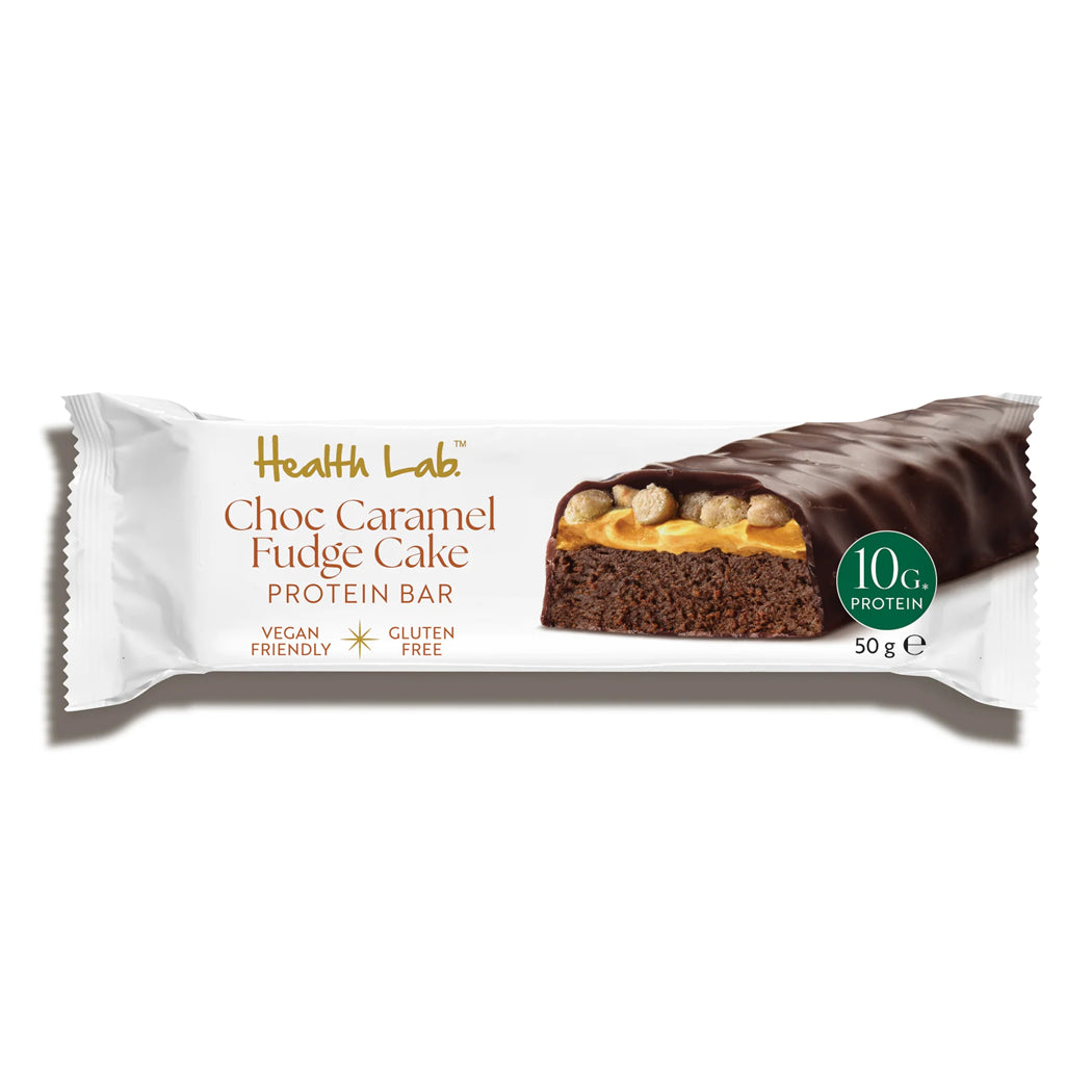 Health Lab Choc Caramel Fudge Cake protein bar packaging on a white background