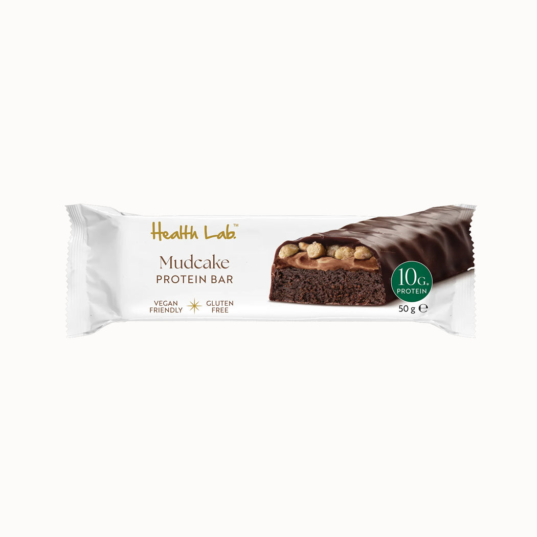 Health Lab Mudcake Protein Bar packaging on a white background