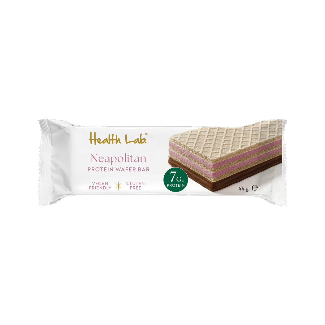 Health Lab Neapolitan protein wafer bar packaging on a white background