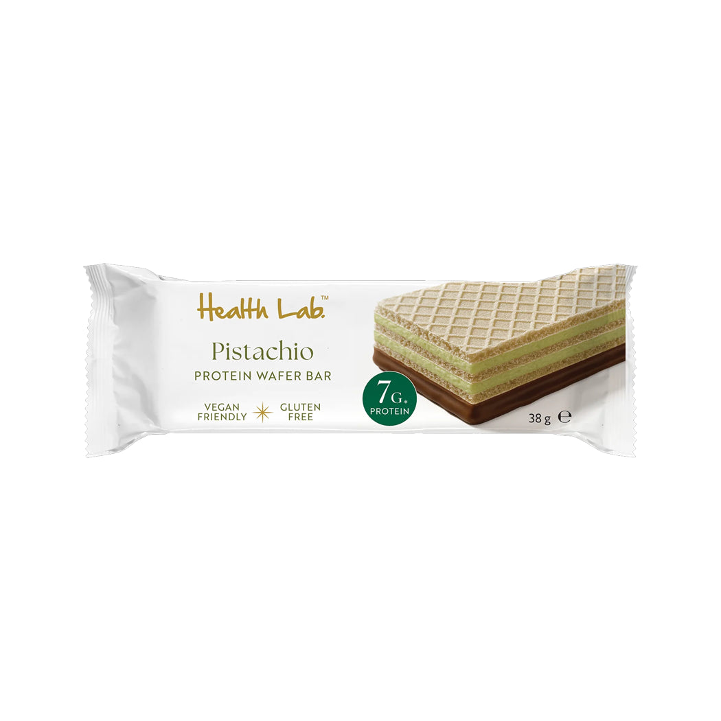 Health Labi Pistachio Protein Wafer Bar in its white packaging, featuring a picture of a pistachio-filled waffle on a white background.
