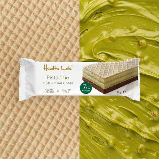 Health Lab Pistachio Protein Wafer Bar packaging with waffle texture and green cream background