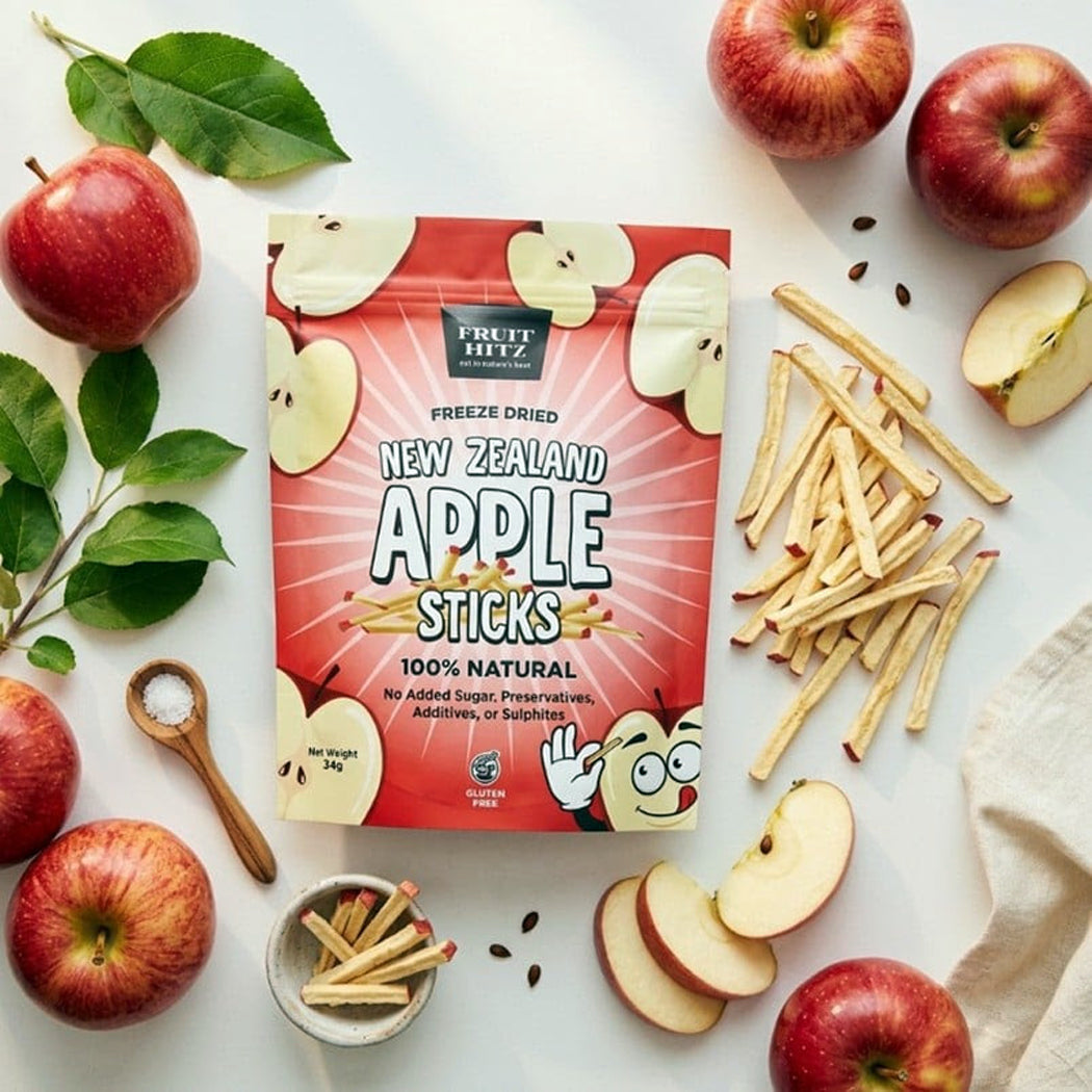 Fruit Hitz New Zealand Apple Sticks packaging with apples and apple sticks on a white background