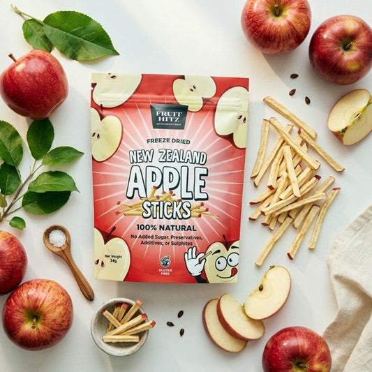 Fruit Hitz New Zealand Apple Sticks packaging with apples and apple sticks on a white background