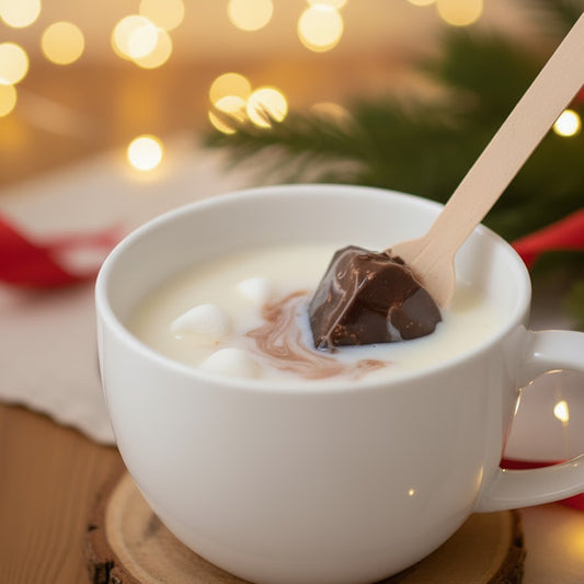 White mug with hot chocolate and a chocolate cube, surrounded by festive lights and decorations.