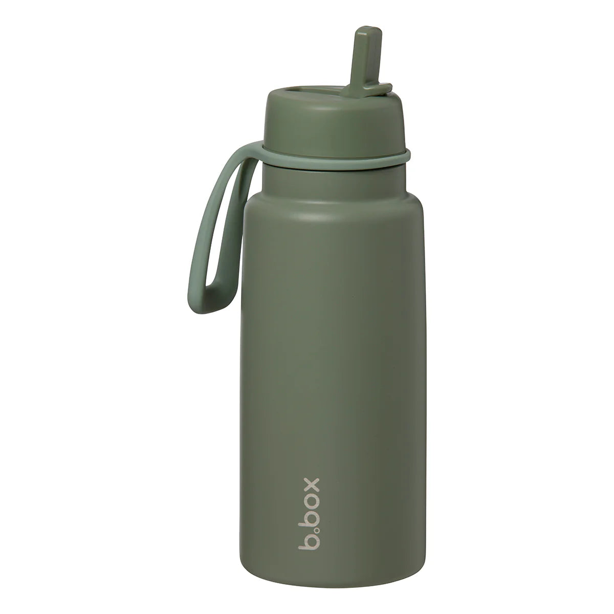 Green water bottle with a straw lid on a white background