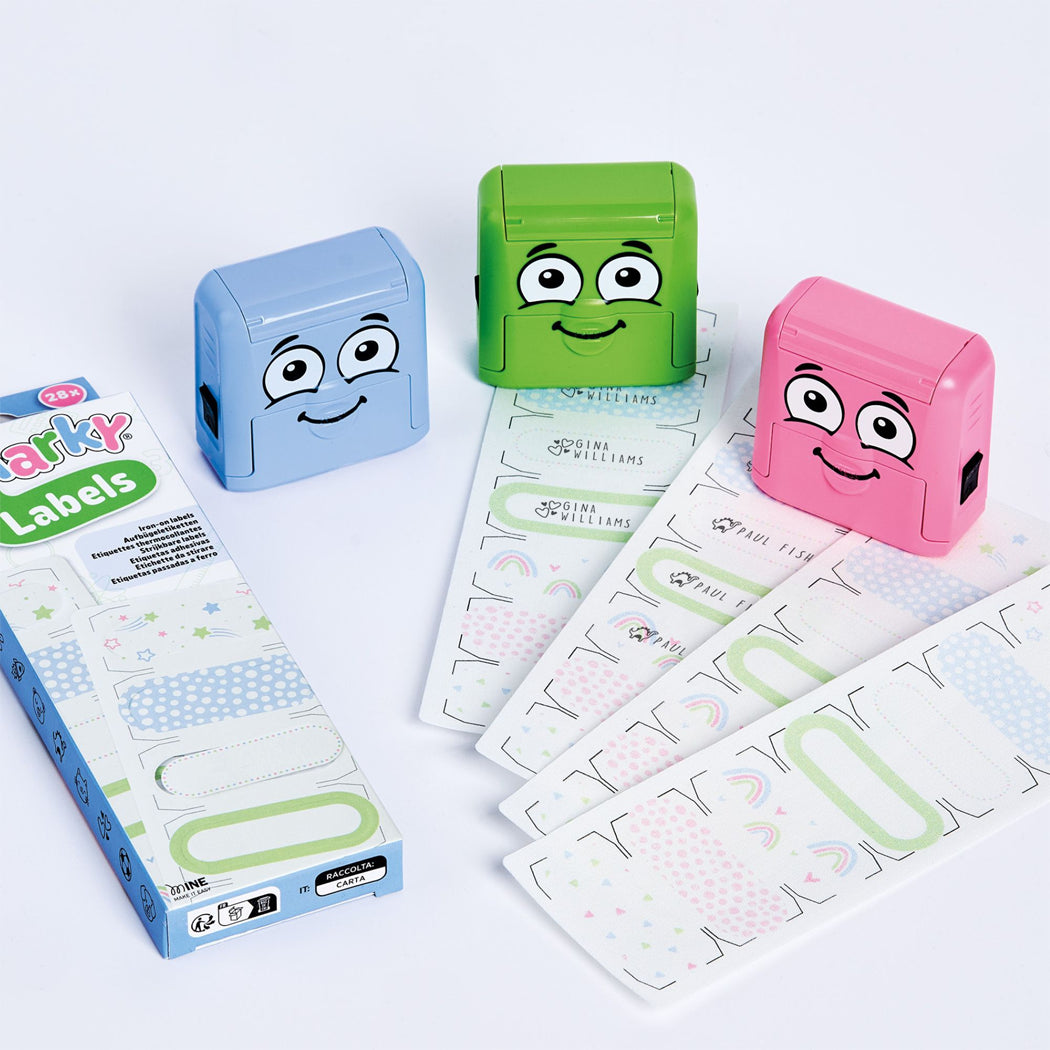 Colorful label makers with labels on a white background