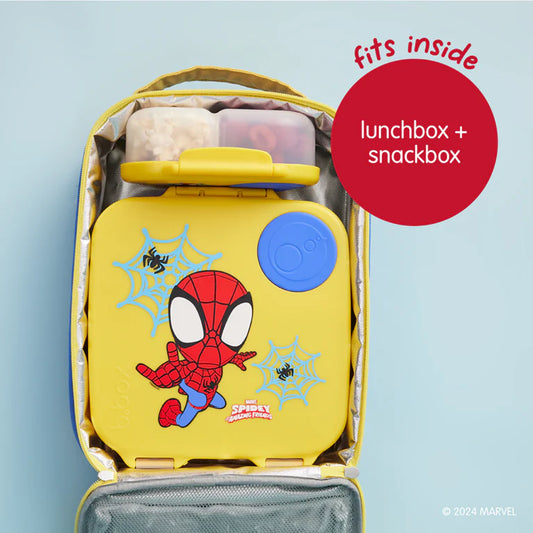 Yellow lunchbox with Spider-Man design on a light blue background