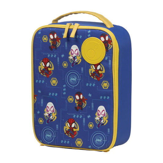Blue lunch bag with superhero pattern on a white background