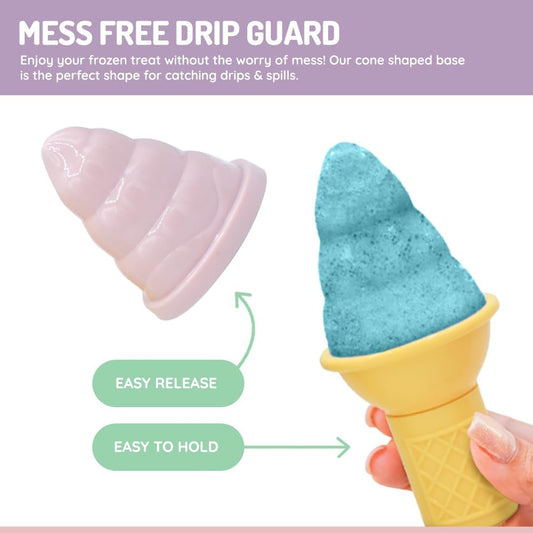 Ice cream cone-shaped mess free drip guard with text on a purple background