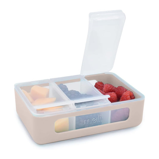 Beige and clear compartmentalized container with 'meli' branding on a white background
