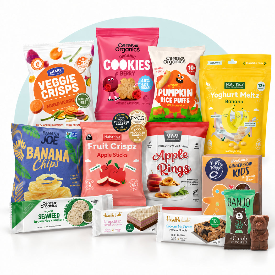 September Monthly Snack Box containing 12 hand-picked snacks from Healthy Snacks NZ