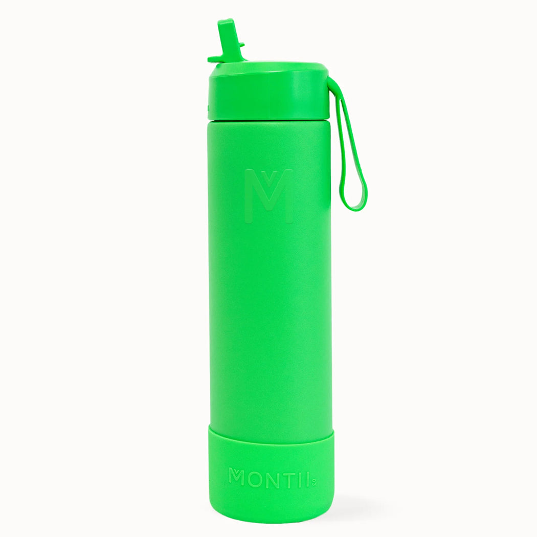 Green water bottle with a straw lid on a white background