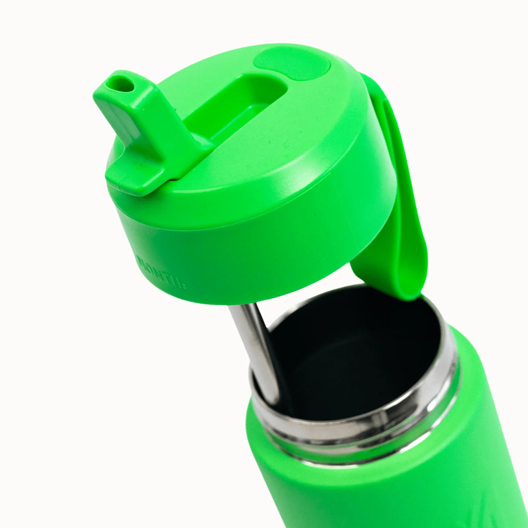 Green water bottle with a flip lid on a white background