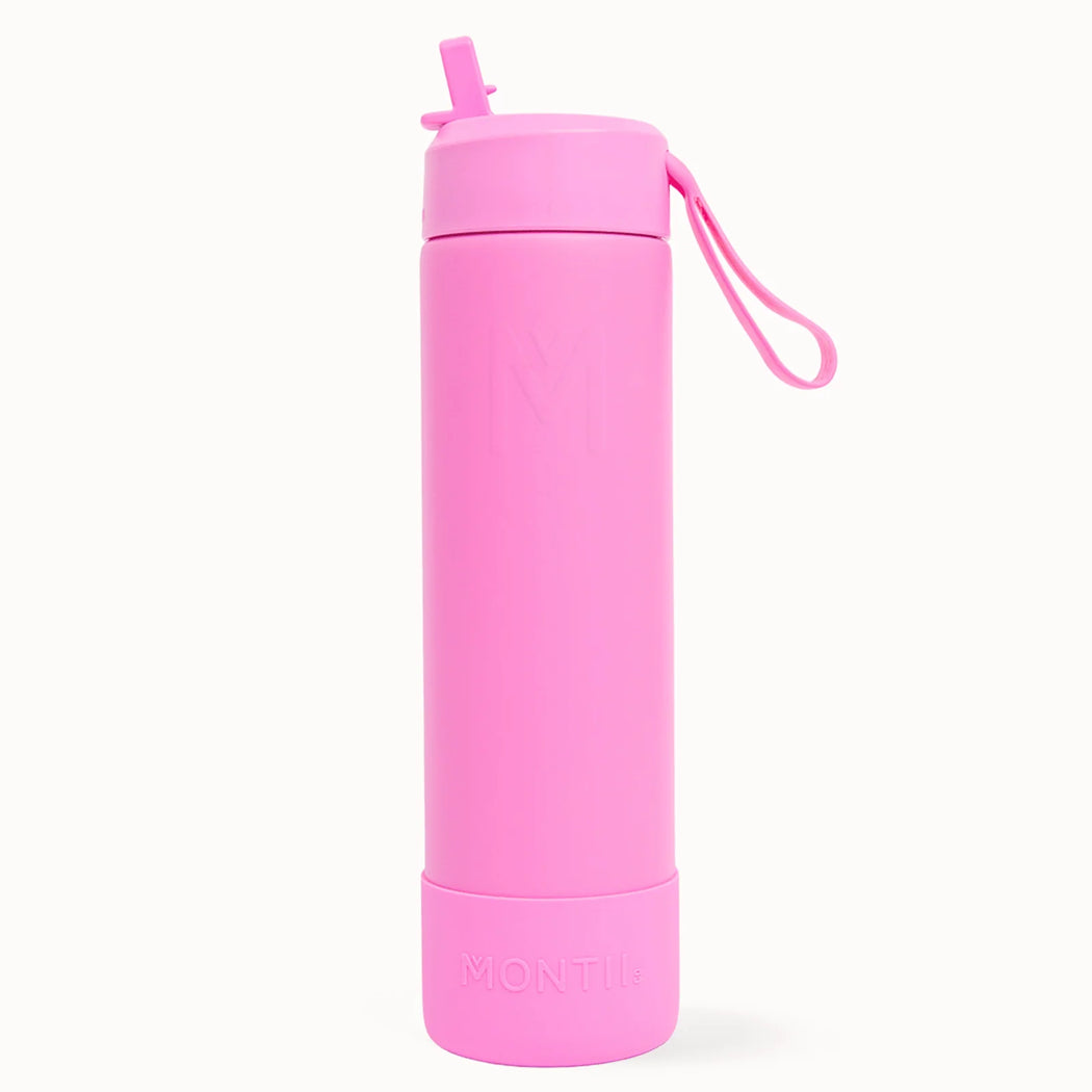 Pink water bottle with a straw lid on a white background