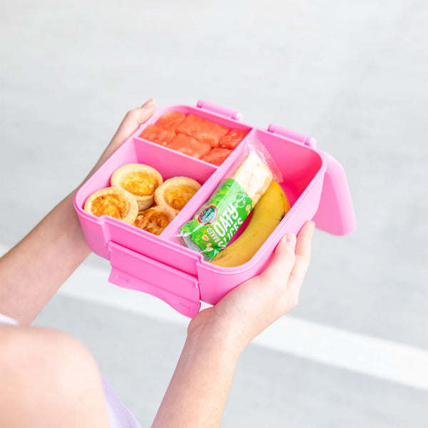 Pink bento box with compartments filled with food held by a person against a light gray background
